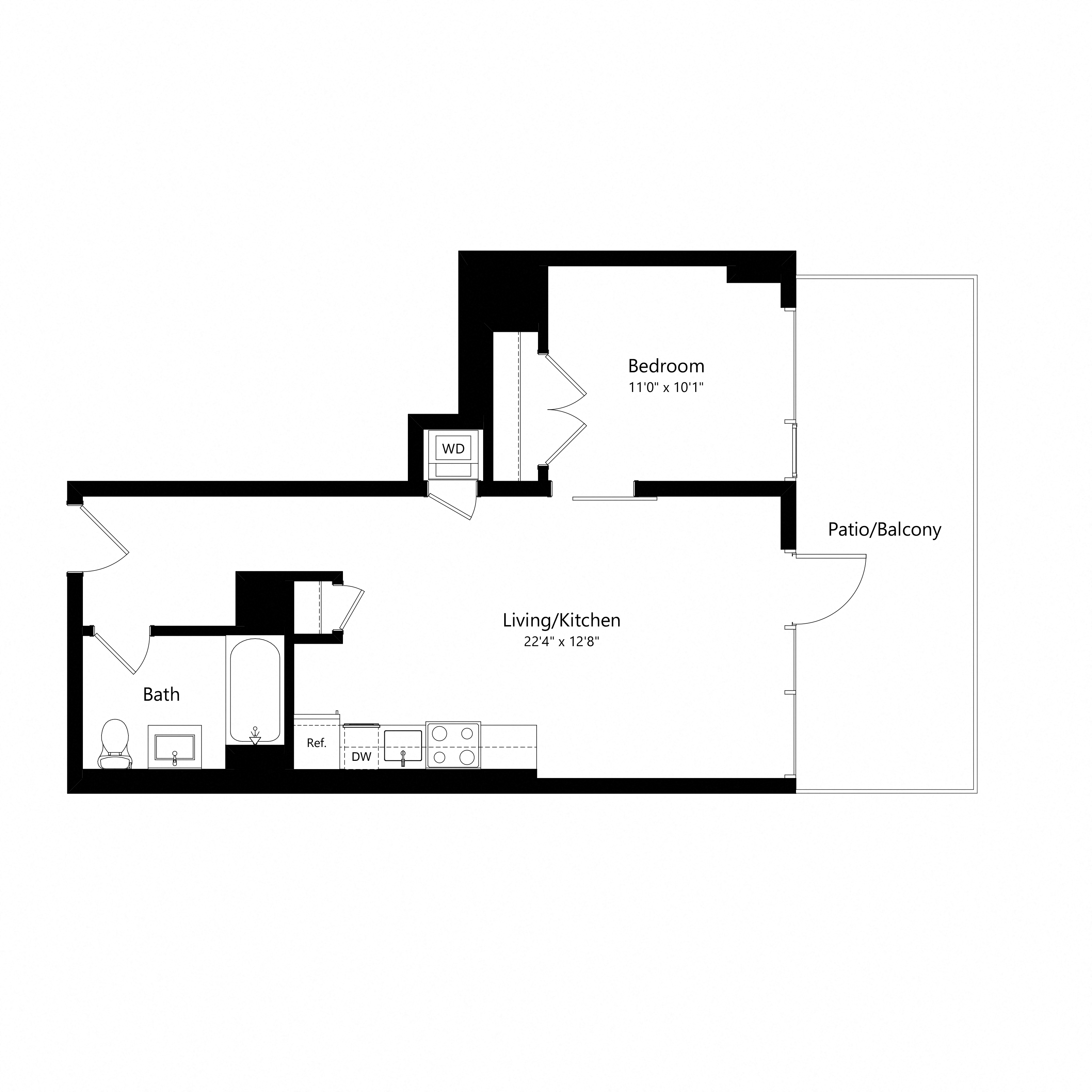 Floor plan for 1 bed, 1 bath, 579 sqft